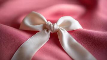 Close-Up of Elegant White Satin Ribbon Bow on Soft Pink Fabric Background for Gift Wrapping or Fashion Design photo