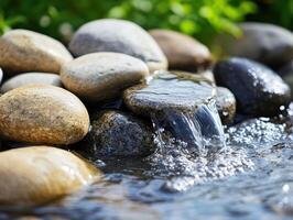 Tranquil Garden Stream with Smooth Stones and Gentle Water Flow in a Serene Natural Setting photo