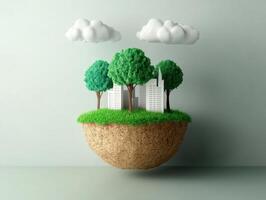 Floating Island with Trees and Modern Buildings Against a Minimalist Background photo