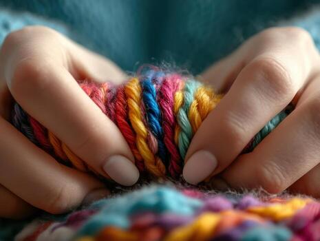 Close-Up of Hands Holding Colorful Yarn - Cozy Knitting and Crafting Concept with Vibrant Wool Threads photo