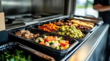 Assorted Freshly Prepared Meals in Black Containers at a Modern Food Court photo