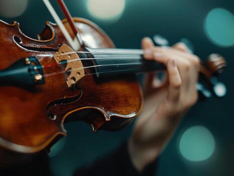 Close-Up of a Violin Being Played with Bokeh Background in a Concert Setting photo