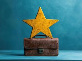 Vintage Leather Briefcase with Yellow Star on Blue Background - Retro Business Concept photo