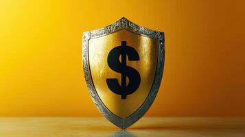 Golden Shield with Dollar Sign on Yellow Background Symbolizing Financial Security and Wealth Protection photo