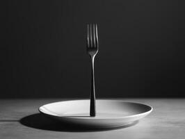 Minimalist Black and White Photo of a Fork Standing Upright on a Plate with Dark Background