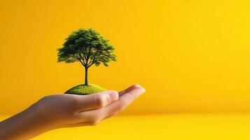 Hand Holding a Small Tree on a Grass Island Against a Vibrant Yellow Background Symbolizing Environmental Conservation photo