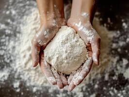 Hands Holding Dough Ball Covered in Flour on a Rustic Kitchen Countertop photo