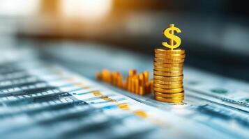 Stack of Gold Coins with Dollar Sign on Financial Documents and Bar Graphs in Background photo