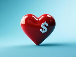 Shiny Red Heart with Dollar Sign on Blue Background Symbolizing Love and Money in Finance and Business Concepts photo