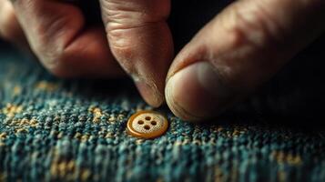 Close-up of Hands Sewing a Button on Fabric, Detailed Needlework and Craftsmanship photo