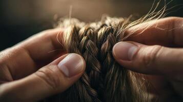 Close-up of Hands Braiding Hair in Warm Light, Showcasing Intricate Hair Styling and Craftsmanship photo