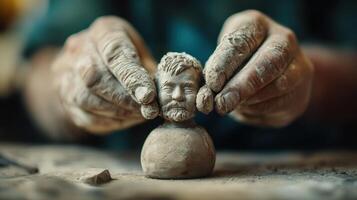 Close-Up of Hands Sculpting a Clay Figurine with Detailed Facial Features in an Artistic Studio Setting photo