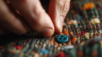 Close-Up of Hands Sewing a Button on Colorful Knitted Fabric with Detailed Texture photo