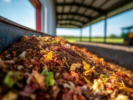 Close-Up of Organic Compost Pile in a Modern Agricultural Facility with Sunlit Background photo