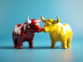 Colorful Red and Yellow Bull Figurines on Blue Background Symbolizing Market Trends and Financial Concepts photo
