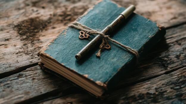 Vintage Journal with Pen on Rustic Wooden Table, Evoking Nostalgia and Creativity in a Cozy Setting photo