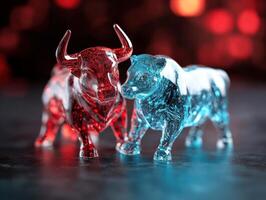 Crystal Bull and Bear Figurines with Red and Blue Lighting Representing Financial Market Trends photo