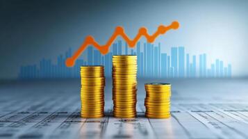 Stacked Gold Coins with Financial Graphs in the Background Representing Economic Growth and Investment Trends photo