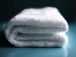 Close-Up of a Folded White Towel on a Blue Surface with Soft Lighting and Detailed Texture photo