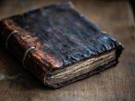 Antique Leather-Bound Book on Wooden Table with Rustic Texture and Worn Pages photo