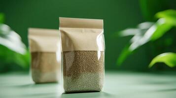 Eco-Friendly Packaging of Organic Quinoa Seeds on Green Background with Leaf Accents photo