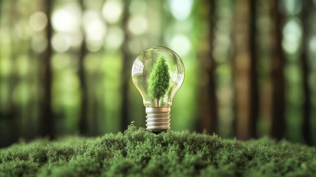 Eco-Friendly Concept with Light Bulb and Tree Inside on Mossy Ground in Forest photo