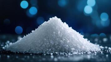 Close-Up of a Pile of Coarse Sea Salt Crystals on a Dark Surface with Blue Bokeh Background photo