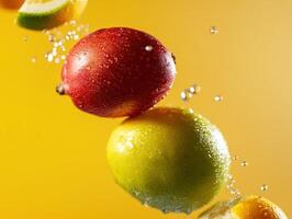 Fresh Fruits Splashing in Water Against Vibrant Yellow Background - High-Speed Photography photo