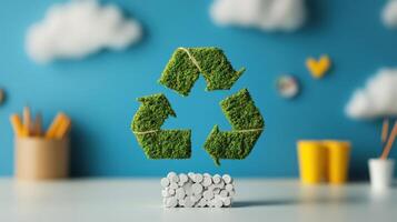 Eco-Friendly Concept with Green Recycling Symbol Made of Moss on Blue Background with Clouds and Yellow Hearts photo