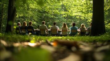 Group of People Sitting on Chairs in a Forest Clearing During a Sunny Day photo
