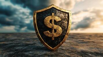 Golden Dollar Sign Shield on a Rough Surface with Dramatic Sky in the Background photo
