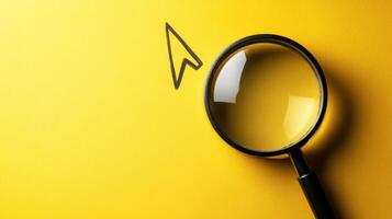 Magnifying Glass on Yellow Background with Arrow Cursor Symbolizing Search and Exploration Concept photo