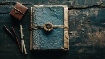 Vintage Journal with Leather Cover and Writing Tools on Rustic Wooden Table photo