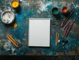 Blank Sketchbook on Artistic Desk with Paints, Brushes, and Pencils in Creative Studio photo