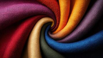 Colorful Swirl of Textured Fabric in Various Vibrant Shades Forming a Dynamic Pattern photo