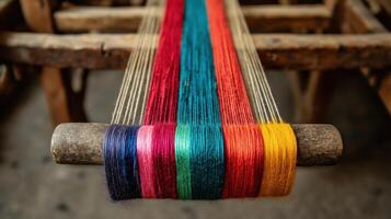 Close-Up of Colorful Threads on a Traditional Wooden Loom in a Textile Workshop photo