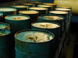 Global Economic Crisis Oil Concept. Stacks of blue metal barrels with rust, arranged in a warehouse setting, suggest storage of liquids or hazardous materials. photo