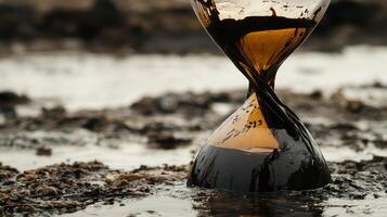 Global Economic Crisis Oil Concept. An hourglass partially submerged in murky water, symbolizing the passage of time and environmental themes. photo