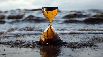 Global Economic Crisis Oil Concept. An hourglass partially submerged in water, symbolizing the passage of time against a serene ocean backdrop. photo