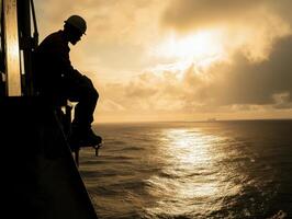 Global Economic Crisis Oil Concept. A silhouette of a worker sitting on a ledge, overlooking a calm sea during sunset, with warm golden hues reflecting on the water. photo