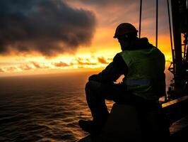 Global Economic Crisis Oil Concept. A worker in a helmet gazes at a stunning sunset over the ocean, silhouetted against the colorful sky. photo