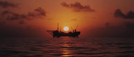 Global Economic Crisis Oil Concept. A fishing boat silhouetted against a vibrant sunset over calm waters, creating a serene and picturesque scene. photo