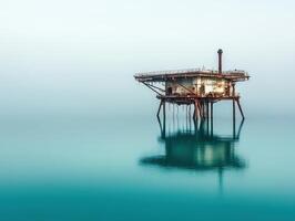 Global Economic Crisis Oil Concept. A solitary offshore platform stands above calm turquoise waters, reflecting a serene atmosphere with a pale backdrop. photo