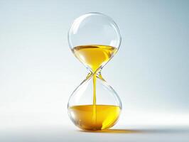 Global Economic Crisis Oil Concept. A glass hourglass filled with yellow liquid, symbolizing the passage of time and the flow of resources in a minimalist design. photo