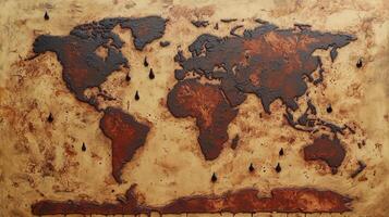 Global Economic Crisis Oil Concept. World map depicted in a rustic, textured style with dark continents on a light, weathered background. photo