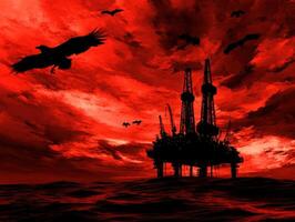Global Economic Crisis Oil Concept. Dark and dramatic scene featuring oil rigs silhouetted against a blood-red sky, with birds flying overhead, creating a foreboding atmosphere. photo