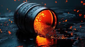 Global Economic Crisis Oil Concept. A spilled barrel releasing glowing hot liquid with fiery sparks against a dark background. photo