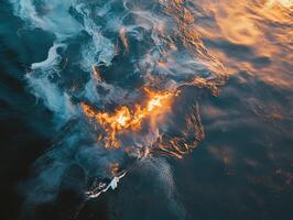 Global Economic Crisis Oil Concept. A mesmerizing blend of water and fire creates stunning reflections, capturing the beauty of nature's contrasting elements. photo