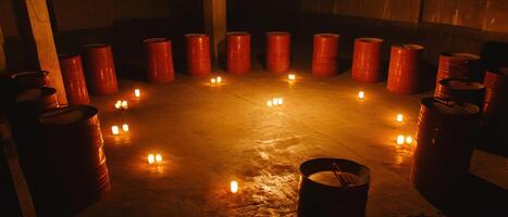Global Economic Crisis Oil Concept. A dimly lit space featuring red barrels arranged in a circular formation, surrounded by flickering candles on the floor. photo