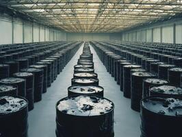 Global Economic Crisis Oil Concept. Storage facility filled with rows of oil drums under a large, industrial ceiling. photo